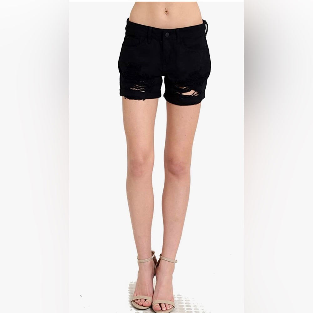 NEW-Distressed Black Cuffed Denim Shorts by Yuni Apparel